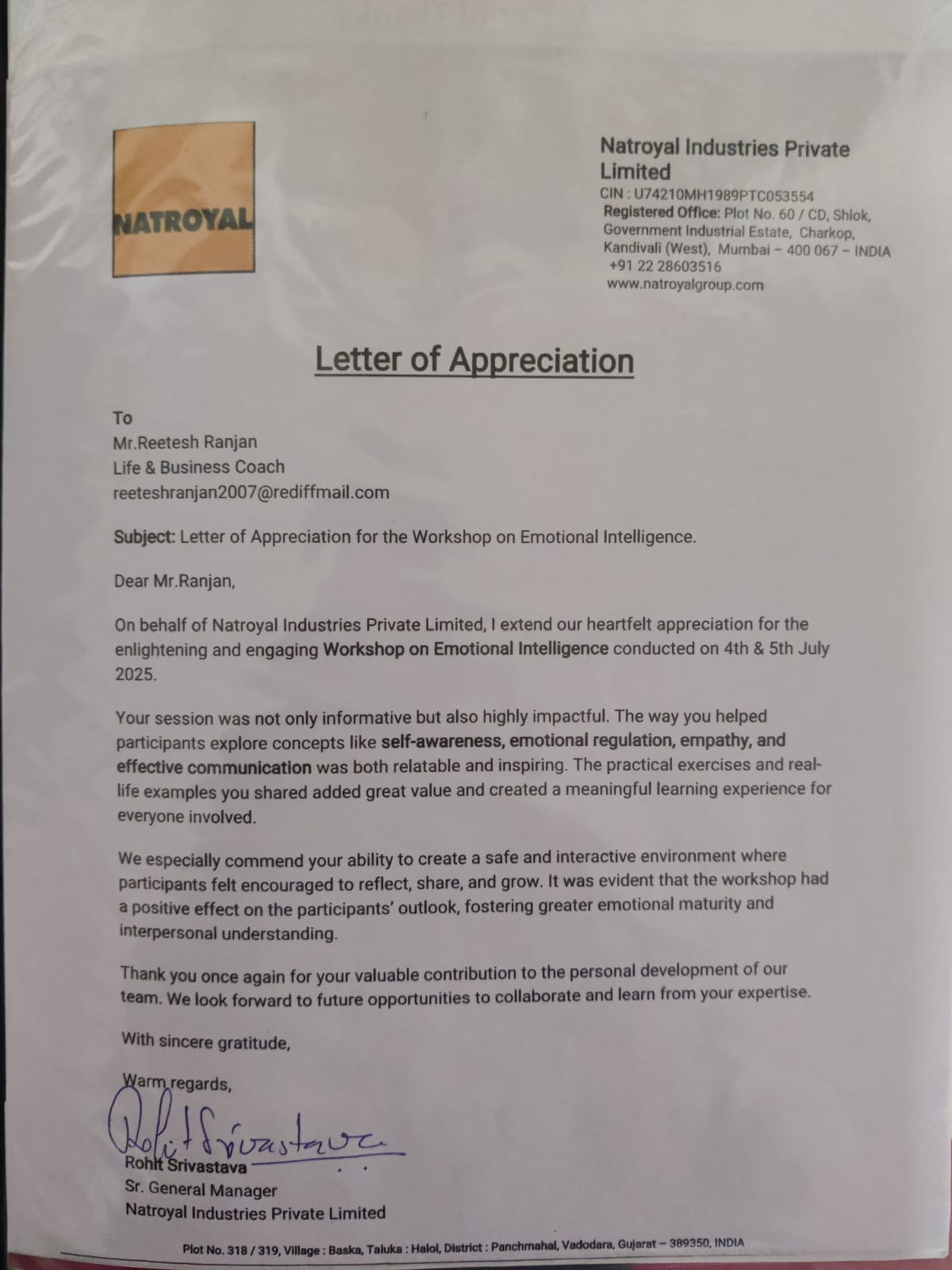 Natroyal Industries · Letter of Appreciation