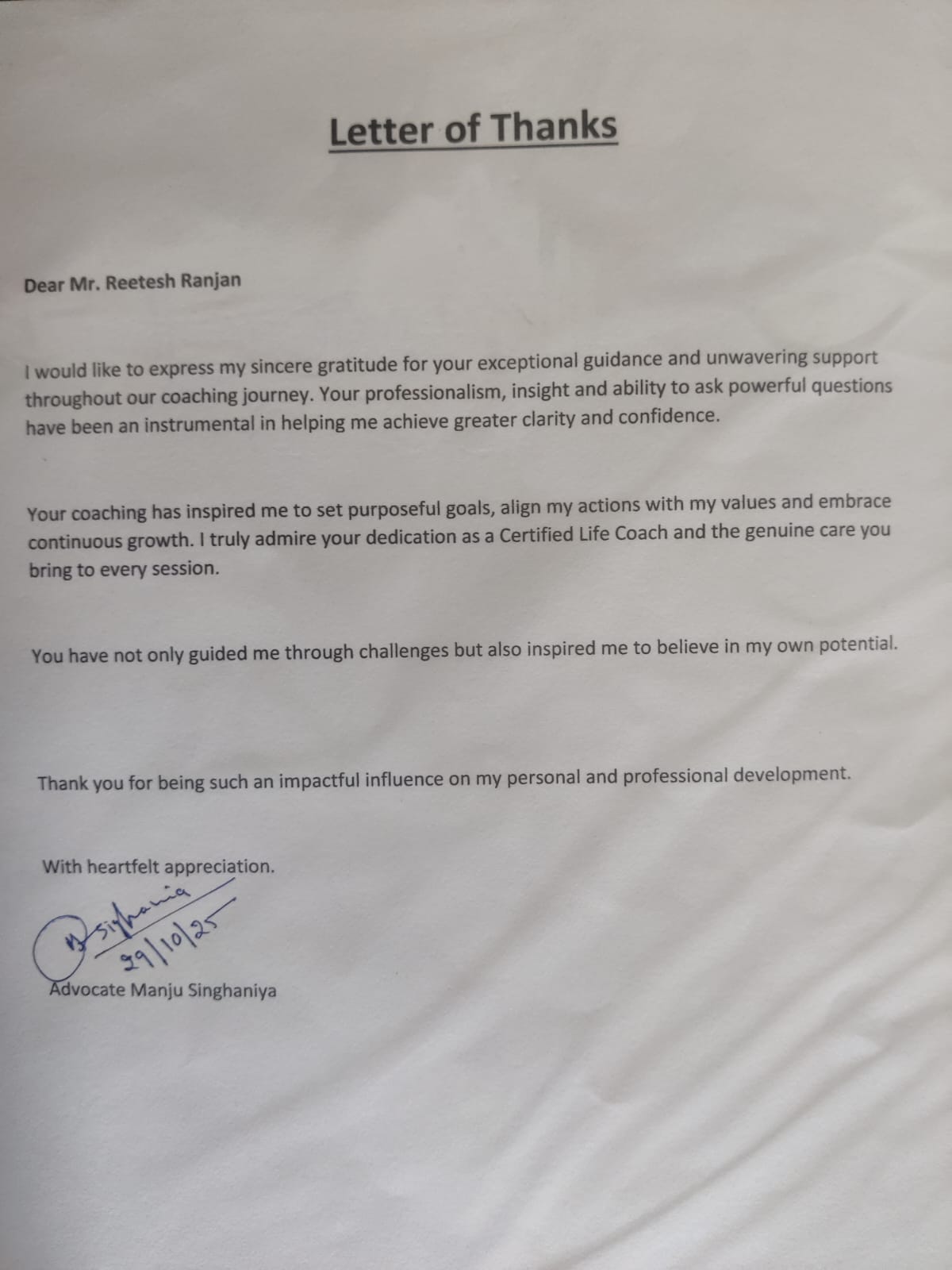 Advocate Manju Singhaniya · Letter of Thanks